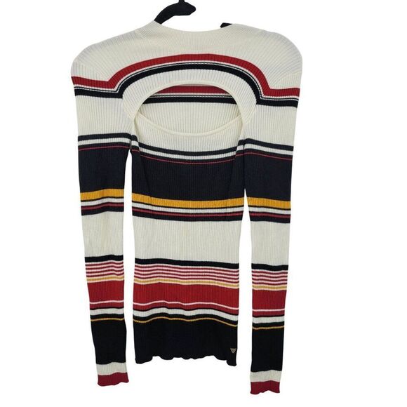 Vtg 90s Guess Womens White Striped Ribbed Knit Sweater Sz M Peekaboo Cutout - Picture 8 of 8